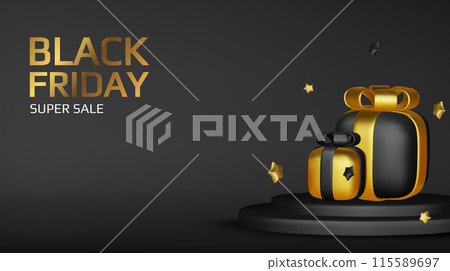 Black Friday super sale. Promo background with realistic 3d cartoon style elements, black megaphone, percent symbols. Promotion banner, web poster. vector illustration Black Friday super sale. Promo background with realistic 3d cartoon style elements, black megaphone, percent symbols. Promotion banner, web poster. vector illustration 115589697