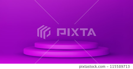 Violet podium mockup. Studio showroom pedestal, fashion showcase mock up scene or exhibition gallery display 3d vector podiums. 115589713