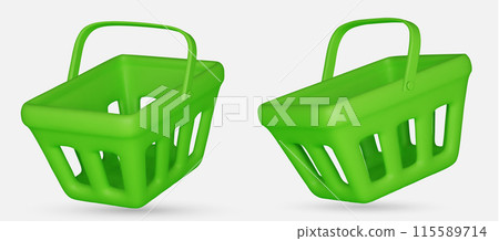 Set of 3d realistic green plastic shopping cart isolated on white background. Vector illustration 115589714