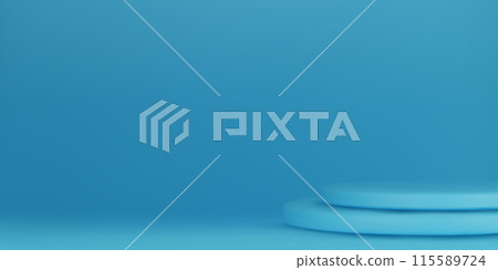 Blue podium mockup. Studio showroom pedestal, fashion showcase mock up scene or exhibition gallery display 3d vector podiums. 115589724