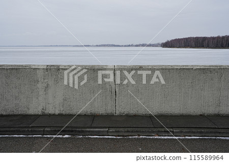 Wall on barrage at European Goczalkowice reservoir in Silesian district in Poland Wall on barrage at European Goczalkowice reservoir in Silesian district in Poland 115589964