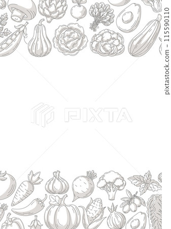 Fresh and healthy farm vegetables, vector minimal vertical poster a4, veggies icons border frame. Space for text, isolated background. Organic product. For banner, menu, flyer, cover, farmers market 115590110