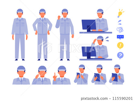 Illustration of a man in work clothes solving a problem Problem solving 115590201