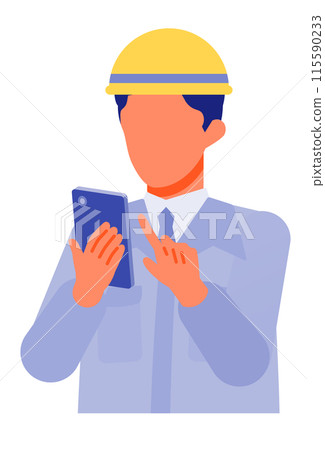 一名穿著工作服的男子用智慧型手機解決問題的插圖 一名穿著工作服的男子用智慧型手機解決問題的插圖 115590233