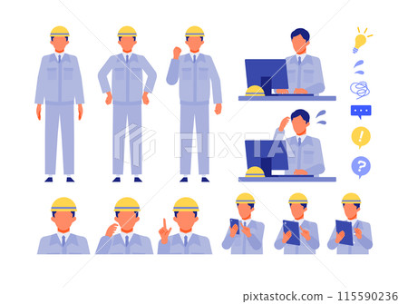 Illustration of a man in work clothes solving a problem Problem solving Illustration of a man in work clothes solving a problem Problem solving 115590236
