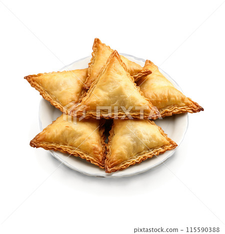 Samosas with crispy pastry spiced potato filling suspended and steaming Food and culinary concept 115590388
