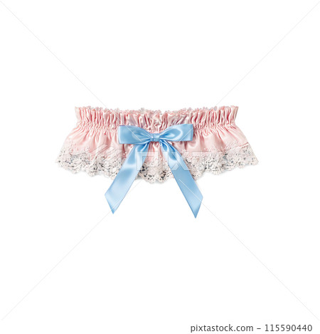 Romantic blush pink garter with floral lace and a tiny blue bow soft focus floating Romantic blush pink garter with floral lace and a tiny blue bow soft focus floating 115590440