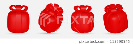3d gift boxes set with red ribbon bow isolated on a white background. 3d render flying modern holiday closed surprise box. 115590545