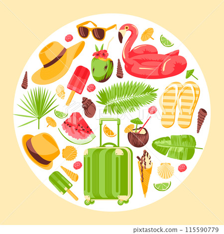 A set of objects of summer recreation. Beach holiday symbols. Square on round design composition. Vector flat illustration A set of objects of summer recreation. Beach holiday symbols. Square on round design composition. Vector flat illustration 115590779