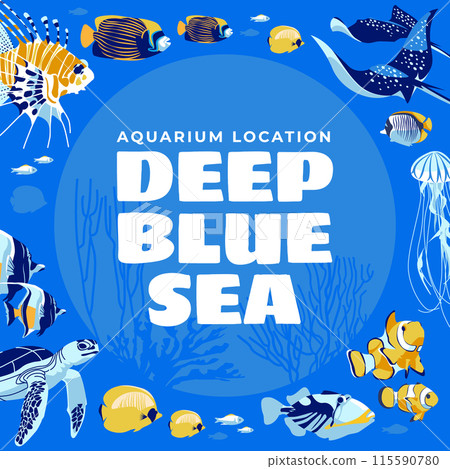 Underwater coral reef animals set. Advertisement of aquariums and scuba diving. Square and round composition design. Vector flat illustration 115590780