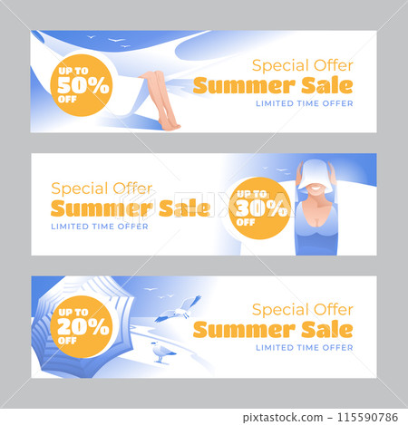 Set of three horizontal banners. Summer season discount advertising. A symbol of the holiday season. Vector illustration 115590786