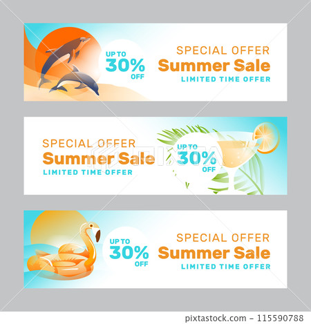 Set of three horizontal banners. Summer season discount advertising. A symbol of the holiday season. Vector illustration 115590788