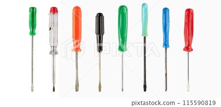 Set of multi-colored screwdrivers flat head isolated on white background. Work tool. 115590819