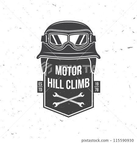 Motorcycle hill climb logo, badge, sticker. Vector illustration. Extreme sport with motorcycle helmet, glasses and wrenches. Monochrome style Motorcycle hill climb logo, badge, sticker. Vector illustration. Extreme sport with motorcycle helmet, glasses and wrenches. Monochrome style 115590930