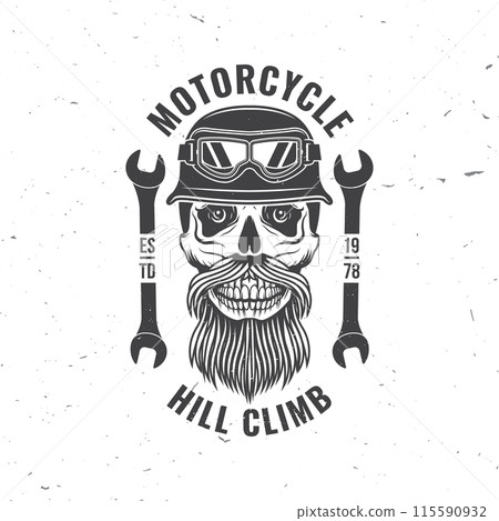 Motorcycle hill climb logo, badge, sticker. Vector illustration. Extreme sport with motorcycle helmet, skull, glasses and wrenches. Monochrome style 115590932