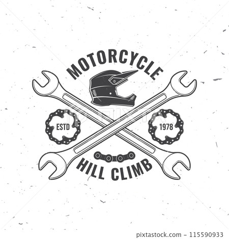 Motorcycle hill climb logo, badge, sticker. Vector. Extreme sport with motorcycle helmet, chains, brake disc and wrenches. Monochrome style 115590933