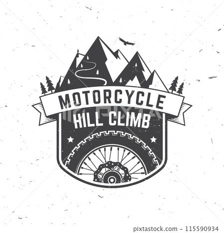 Motorcycle hill climb logo, badge, sticker. Vector. Extreme sport with motorcycle wheel and mountains. Monochrome style motorcycle wheel with mountains 115590934