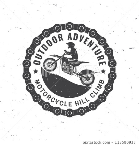 Motorcycle hill climb logo, badge, sticker. Vector illustration. Extreme sport with motorbike for extreme jump and race in mountains. Monochrome style man riding in helmet on a motorcycle Motorcycle hill climb logo, badge, sticker. Vector illustration. Extreme sport with motorbike for extreme jump and race in mountains. Monochrome style man riding in helmet on a motorcycle 115590935