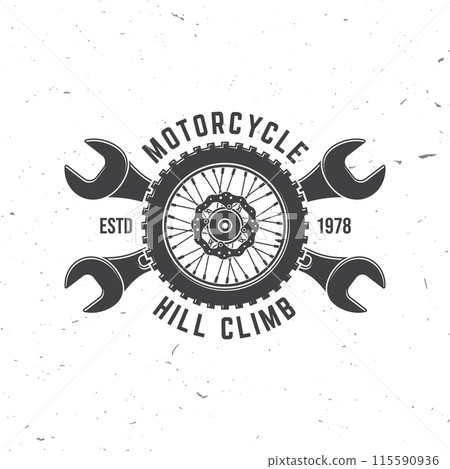 Motorcycle hill climb logo, badge, sticker. Vector illustration. Extreme sport with motorcycle wheel and wrenches. Monochrome style motorcycle wheel and wrenches 115590936