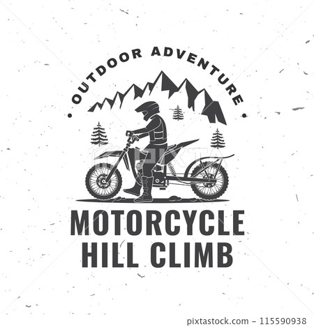 Motorcycle hill climb logo, badge, sticker. Vector illustration. Extreme sport with motorbike for extreme jump and race in mountains. Monochrome style man riding in helmet on a motorcycle 115590938