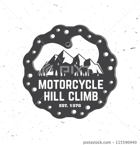 Motorcycle hill climb logo, badge, sticker. Vector illustration. Extreme sport with brake disc in mountains. Monochrome style brake disc with mountains Motorcycle hill climb logo, badge, sticker. Vector illustration. Extreme sport with brake disc in mountains. Monochrome style brake disc with mountains 115590940