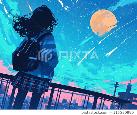 Silhouetted figure observing the milky way magnificence on a starry night 115590990