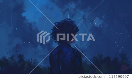 Silhouetted figure observing the milky way magnificence on a starry night Silhouetted figure observing the milky way magnificence on a starry night 115590997