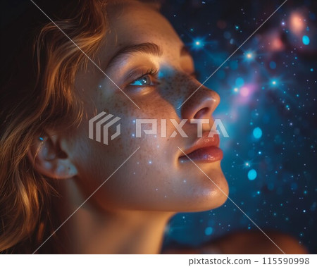 Silhouetted figure observing the milky way magnificence on a starry night 115590998