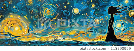 Silhouetted figure observing the milky way magnificence on a starry night 115590999