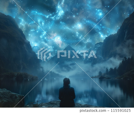 Silhouetted figure observing the milky way magnificence on a starry night 115591025
