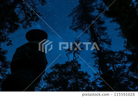 Silhouetted figure observing the milky way magnificence on a starry night 115591028