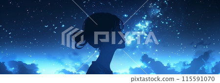 Silhouetted figure observing the milky way magnificence on a starry night 115591070