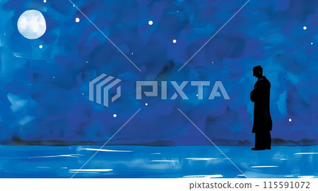 Silhouetted figure observing the milky way magnificence on a starry night 115591072