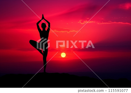 Silhouetted figure observing the milky way magnificence on a starry night 115591077