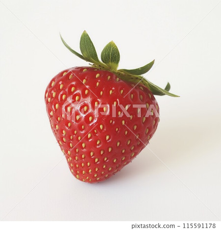 Single fresh red strawberry with green leaves on a white background showcasing vibrant color and texture 115591178
