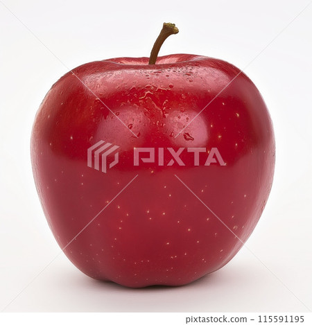 A glossy red apple perfectly centered on a pure white background in a high-resolution close-up 115591195