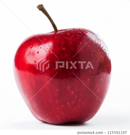 Glossy red apple with water droplets isolated on a pure white background in a close-up view 115591197