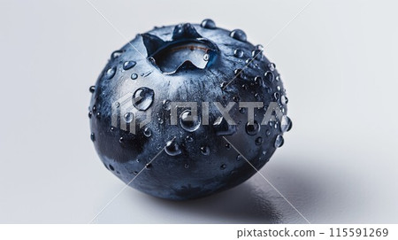 An angled close-up of a fresh dark blue blueberry covered in water droplets on a white background An angled close-up of a fresh dark blue blueberry covered in water droplets on a white background 115591269
