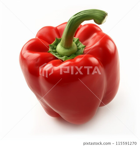 Single crisp red bell pepper with green stem on a white background shot from a top-down angle 115591270