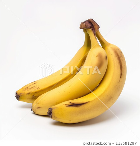 Three ripe yellow bananas with brown spots arranged on a clean white background 115591297