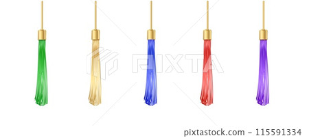 Tassel. Vector fringe or handbag accessory, graduate hat isolated on white background. Multicolor 3d rope with tassel, hanging window curtain decoration element design 115591334