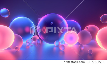 Neon glowing 3D spheres various sizes floating dark background futuristic 115591516