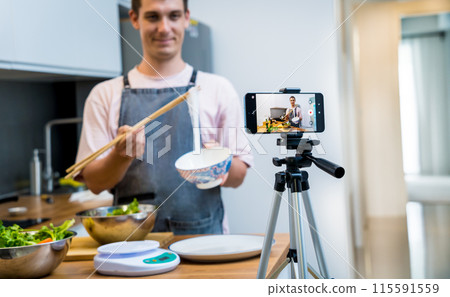 The chef is broadcasting live from workshop how to prepare a spicy glass noodle salad The chef is broadcasting live from workshop how to prepare a spicy glass noodle salad 115591559