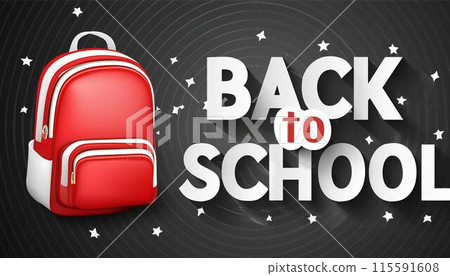 Back to school white sign with red bag isolated on black background 115591608