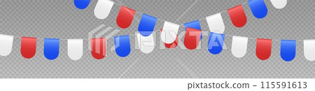 Bunting flags garland, party flags in red, blue and white colors. Bunting flags garland, party flags in red, blue and white colors. 115591613