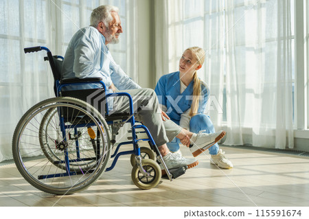 Help support retirement healthcare. Nurse helping old man in wheelchair. Patient and woman in nursing home for medical caregiver. Nurse taking care of paralyzed man in chair for people with disability 115591674