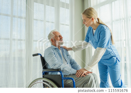Help support retirement healthcare. Nurse helping old man in wheelchair. Patient and woman in nursing home for medical caregiver. Nurse taking care of paralyzed man in chair for people with disability 115591676