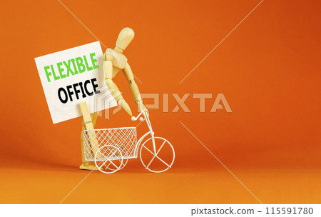 Flexible office symbol. Concept words Flexible office on beautiful white paper on wooden clothespin. Beautiful orange background. Bike model. Business Flexible office concept. Copy space. 115591780