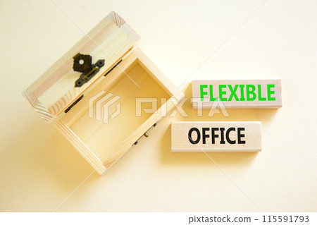 Flexible office symbol. Concept words Flexible office on beautiful wooden block. Beautiful white paper background. Empty wooden chest. Business Flexible office concept. Copy space. 115591793