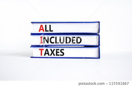 AIT All included taxes symbol. Concept words AIT All included taxes on beautiful books. Beautiful white background. Business AIT all included taxes concept. Copy space. 115591867